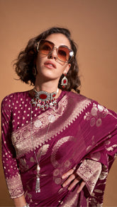 Wine Red and Gold Floral Handloom Weaving Pure Georgette Silk Saree
